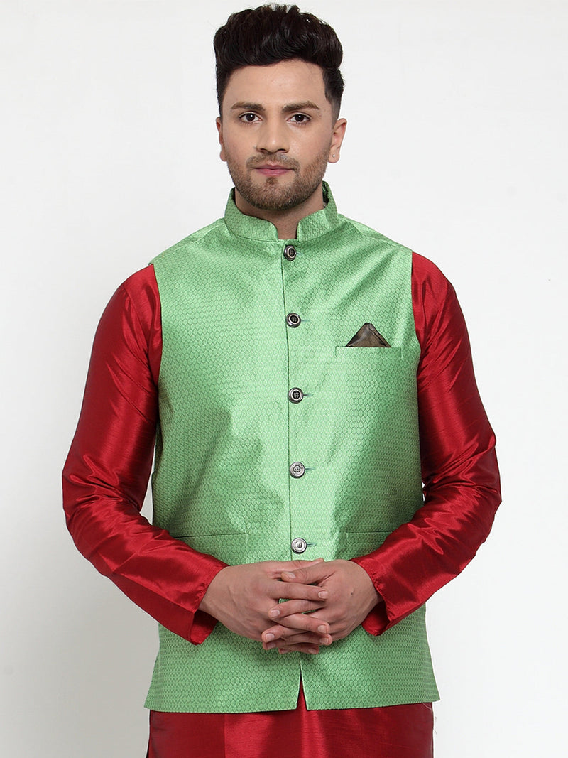 Jompers Men's Green Woven Jacquard Nehru Jacket