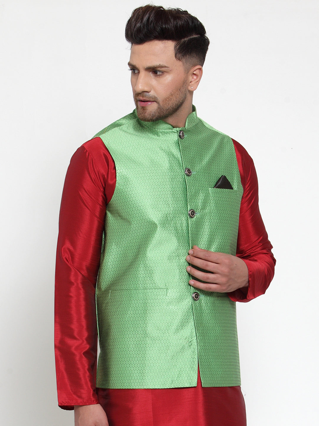 Jompers Men's Green Woven Jacquard Nehru Jacket