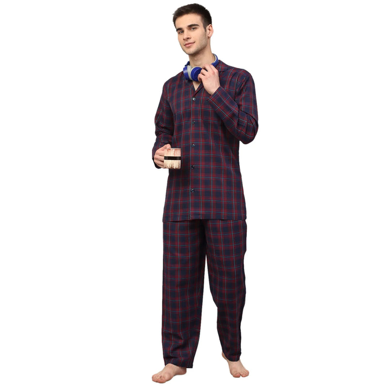 Jainish Men's Blue Checked Night Suits ( GNS 001Blue-Red )