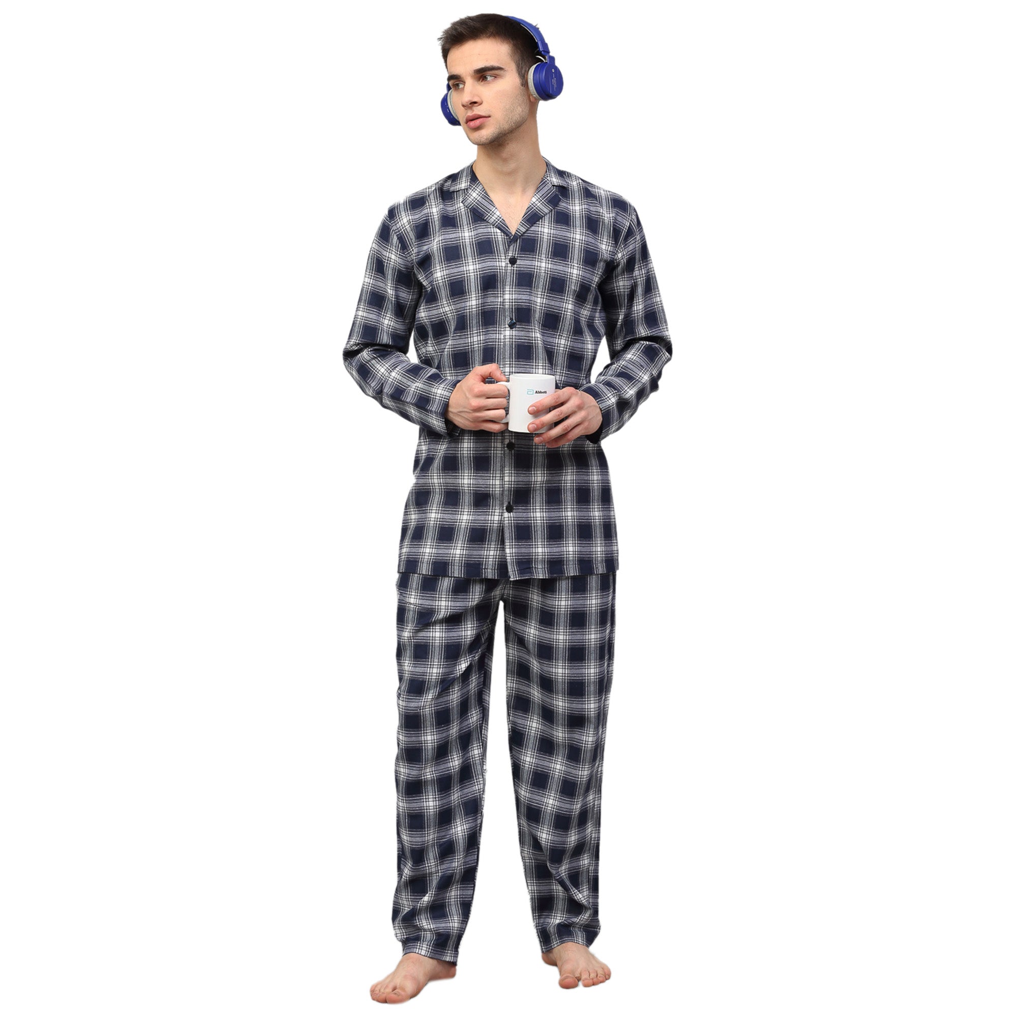 Indian Needle Men's Navy Blue Checked Night Suits