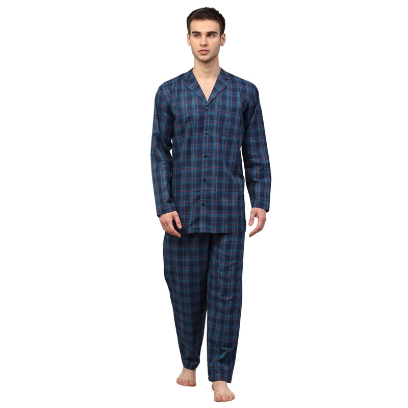 Indian Needle Men's Navy Blue Checked Night Suits