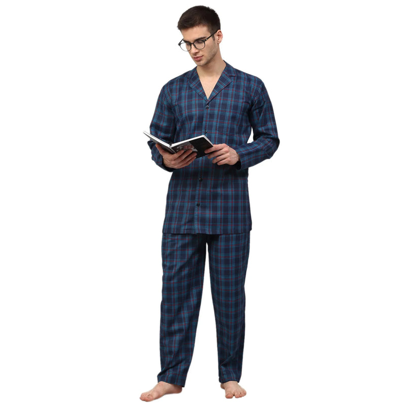 Jainish Men's Navy Blue Checked Night Suits ( GNS 001Navy )