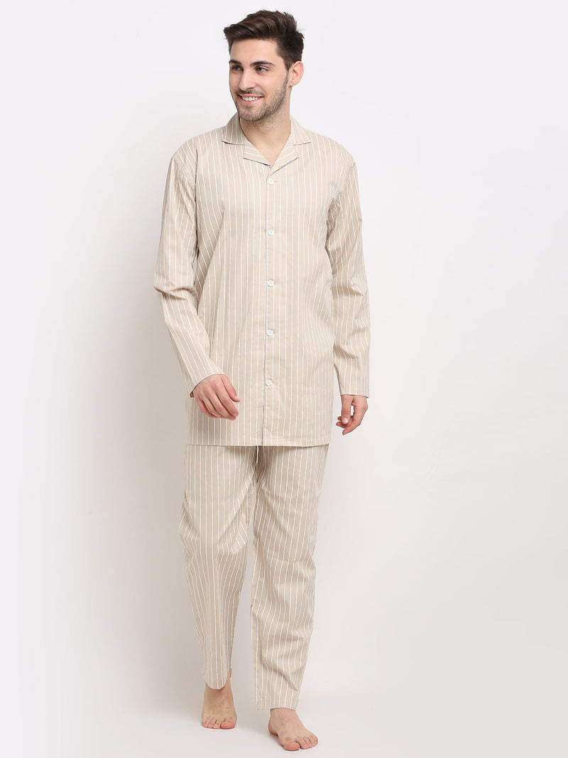 Indian Needle Men's Cream Cotton Striped Night Suits