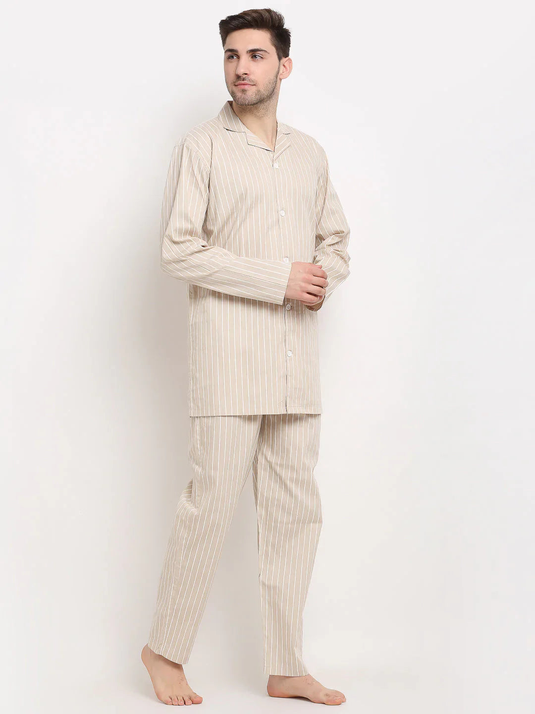 Jainish Men's Cream Cotton Striped Night Suits ( GNS 002Cream )