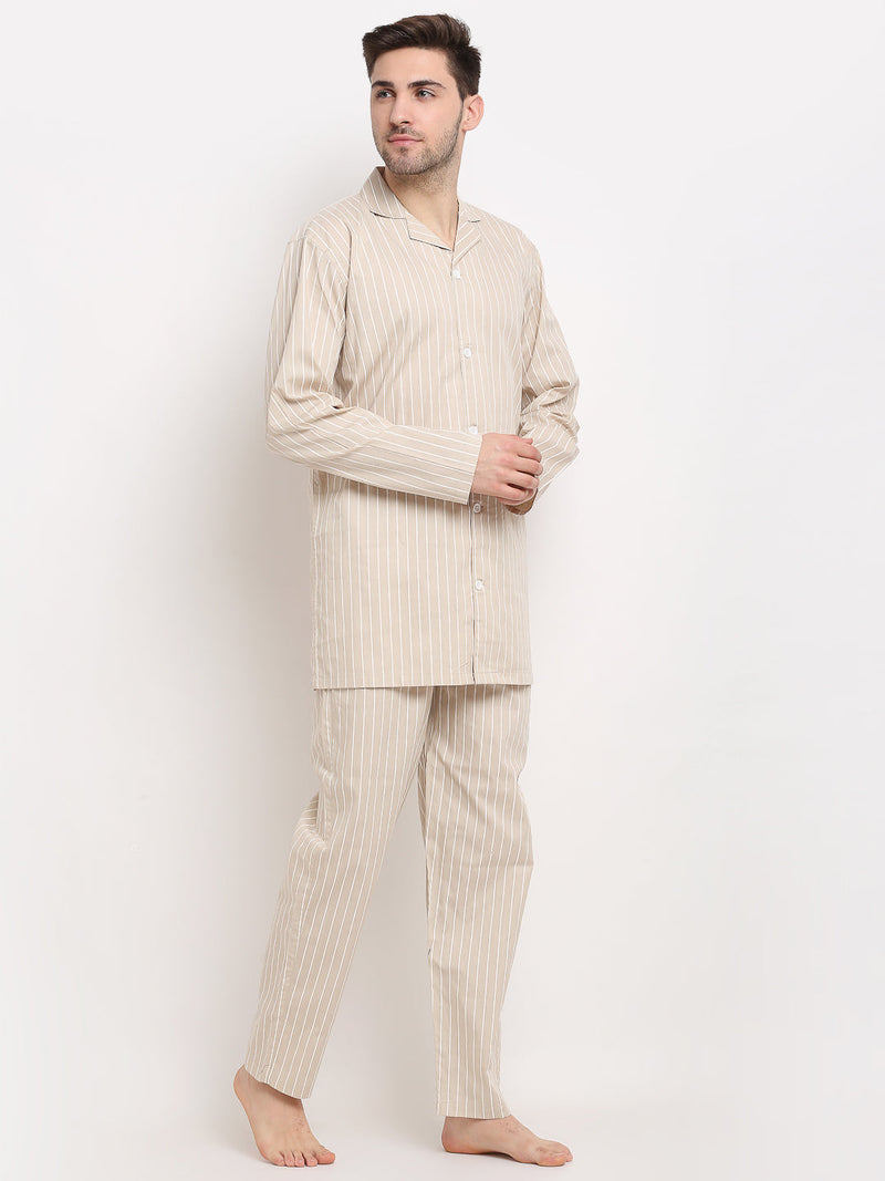 Indian Needle Men's Cream Cotton Striped Night Suits