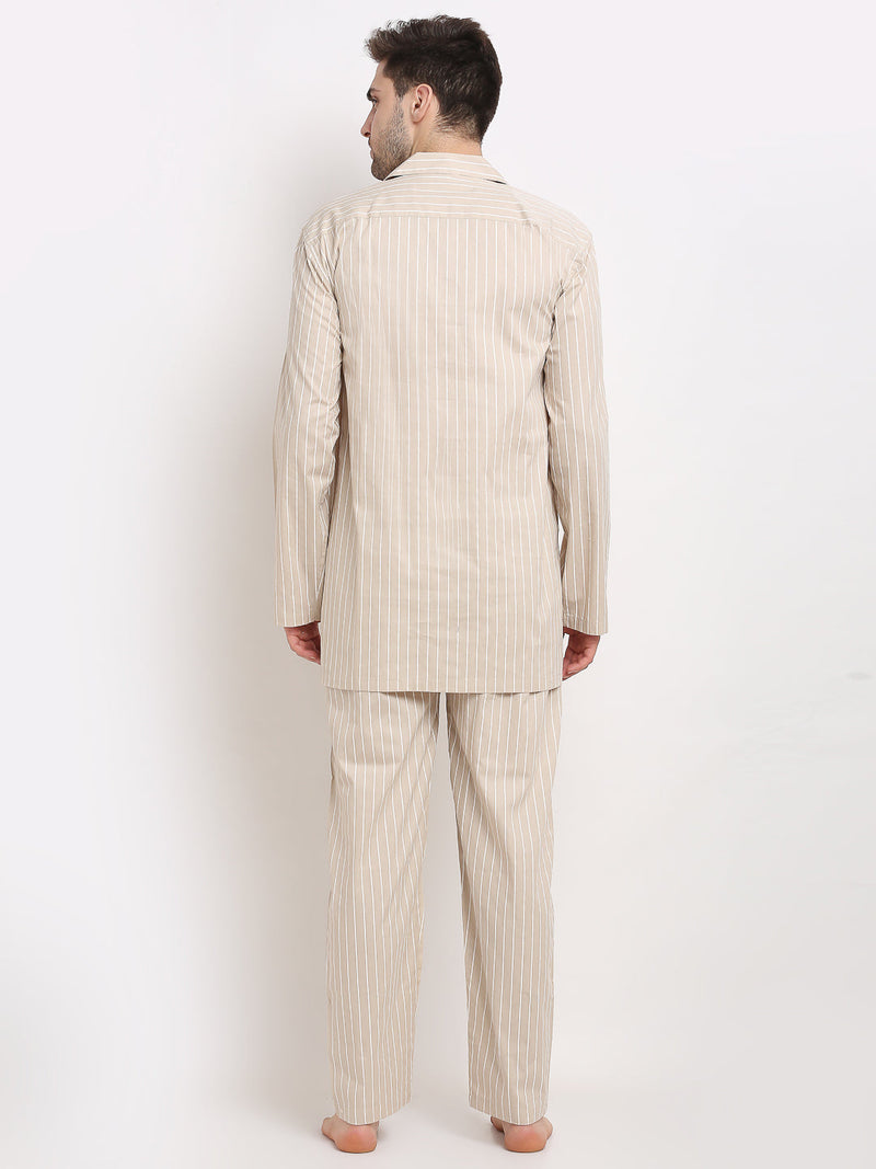 Indian Needle Men's Cream Cotton Striped Night Suits