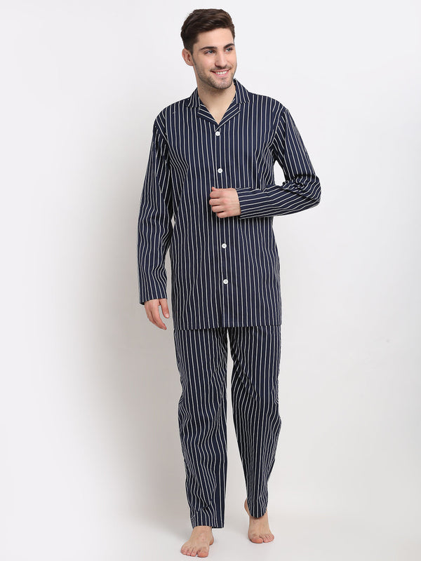 Indian Needle Men's Navy Cotton Striped Night Suits