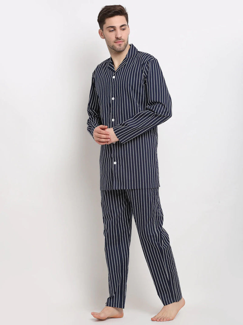 Jainish Men's Navy Cotton Striped Night Suits ( GNS 002Navy )