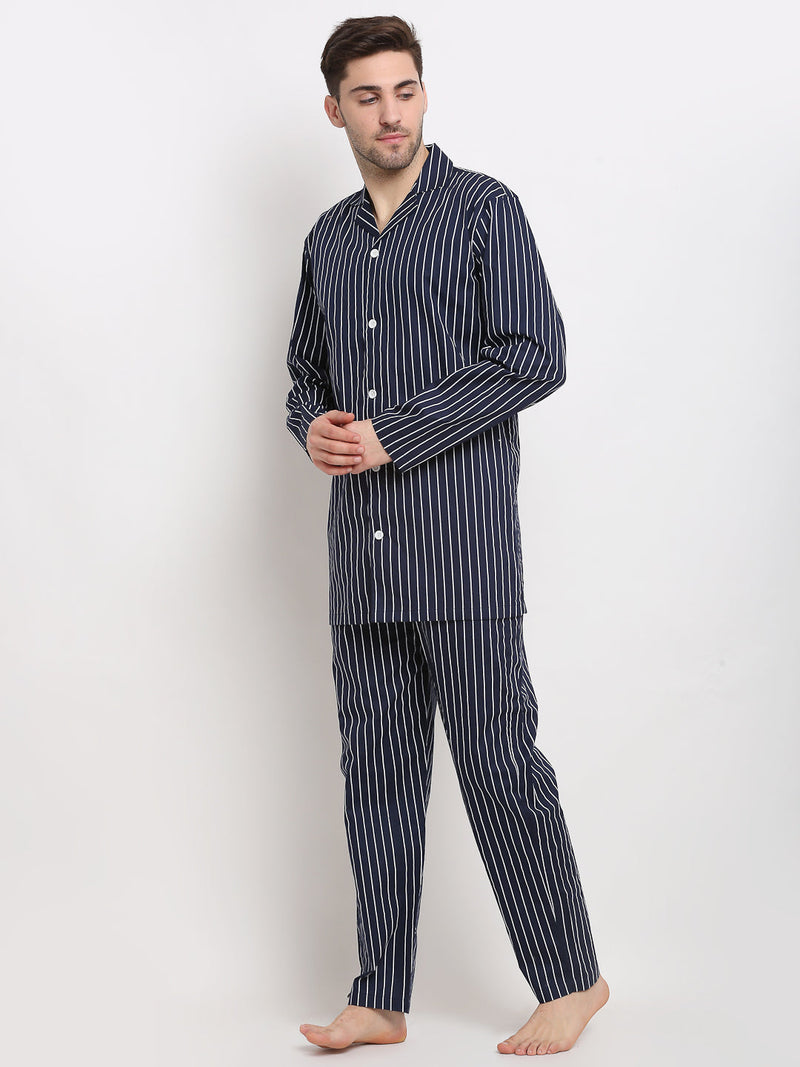 Indian Needle Men's Navy Cotton Striped Night Suits