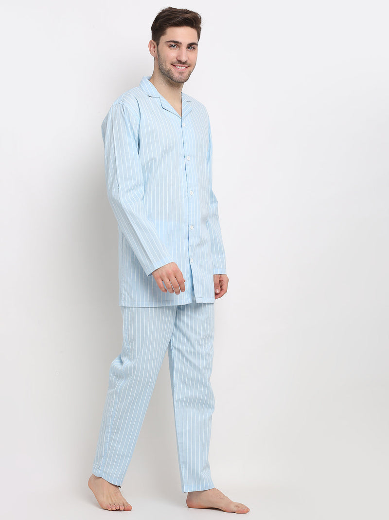 Indian Needle Men's Sky Cotton Striped Night Suits