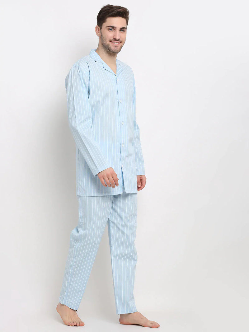 Jainish Men's Sky Cotton Striped Night Suits ( GNS 002Sky )