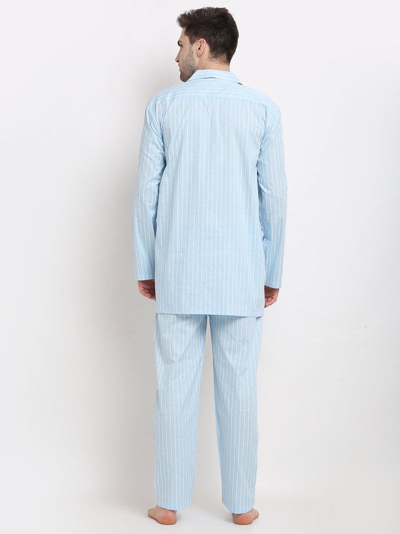 Indian Needle Men's Sky Cotton Striped Night Suits