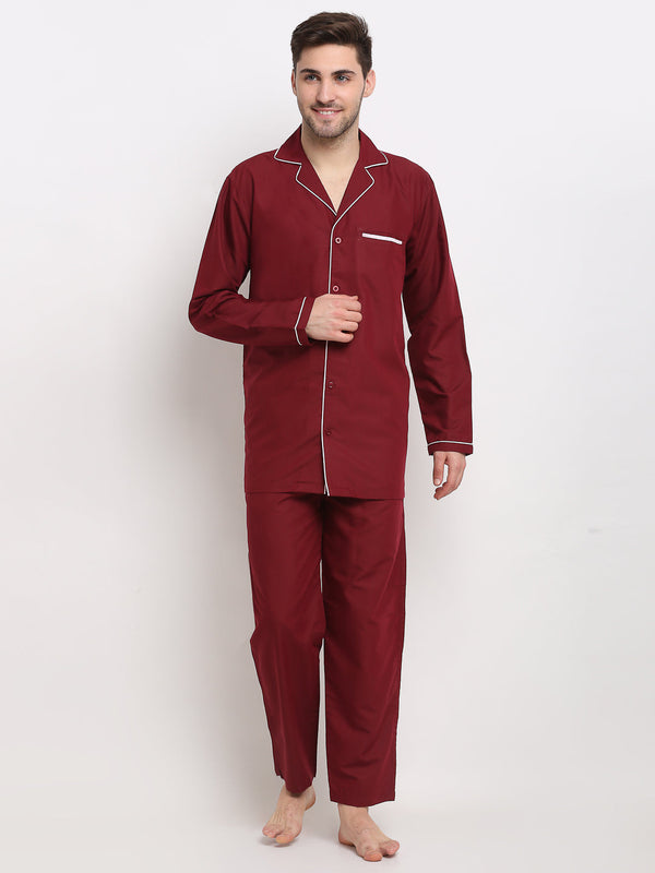 Indian Needle Men's Maroon Cotton Solid Night Suits