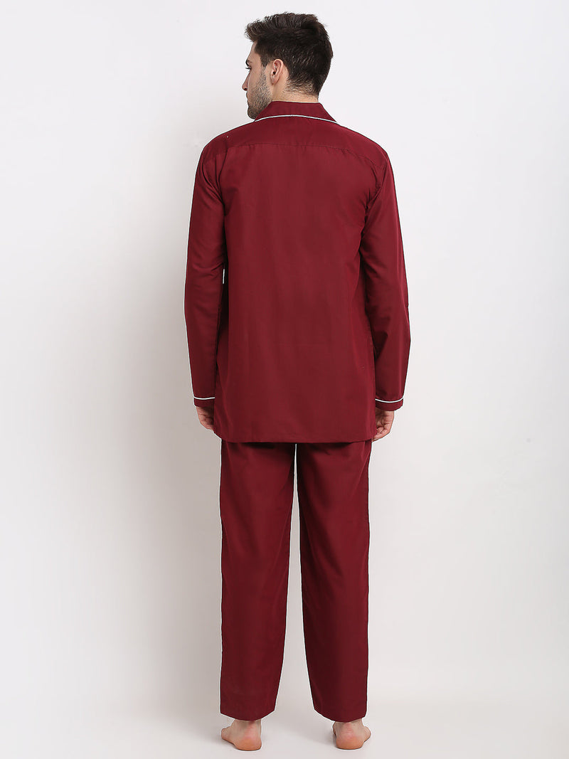 Indian Needle Men's Maroon Cotton Solid Night Suits