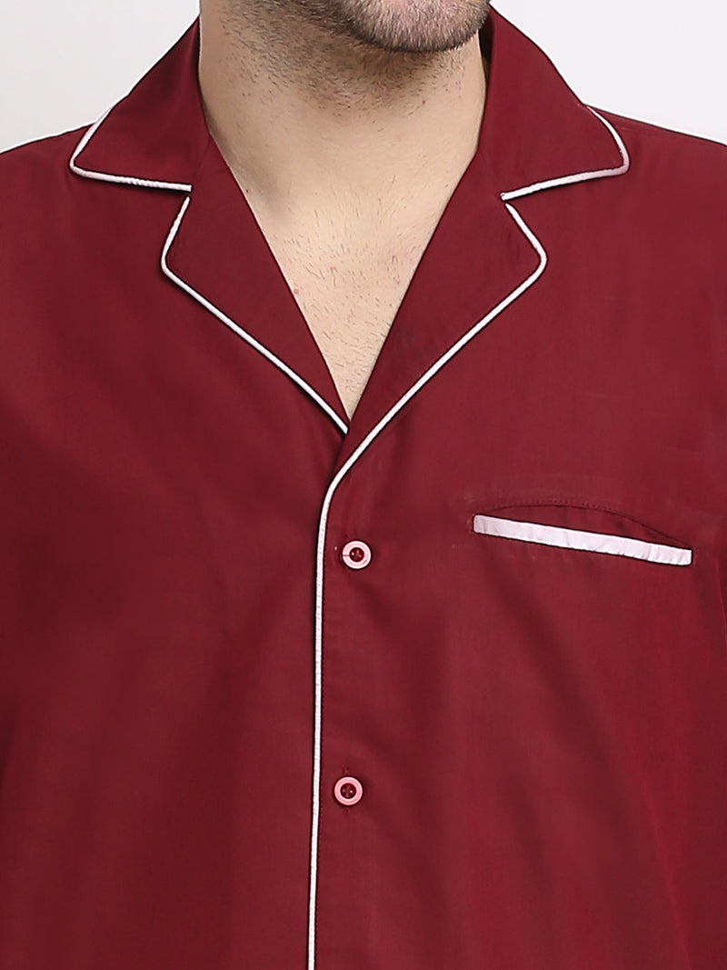 Indian Needle Men's Maroon Cotton Solid Night Suits