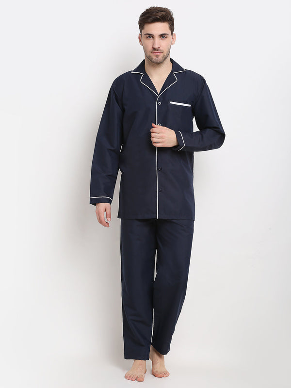 Indian Needle Men's Navy Cotton Solid Night Suits