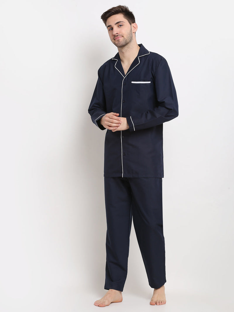 Indian Needle Men's Navy Cotton Solid Night Suits