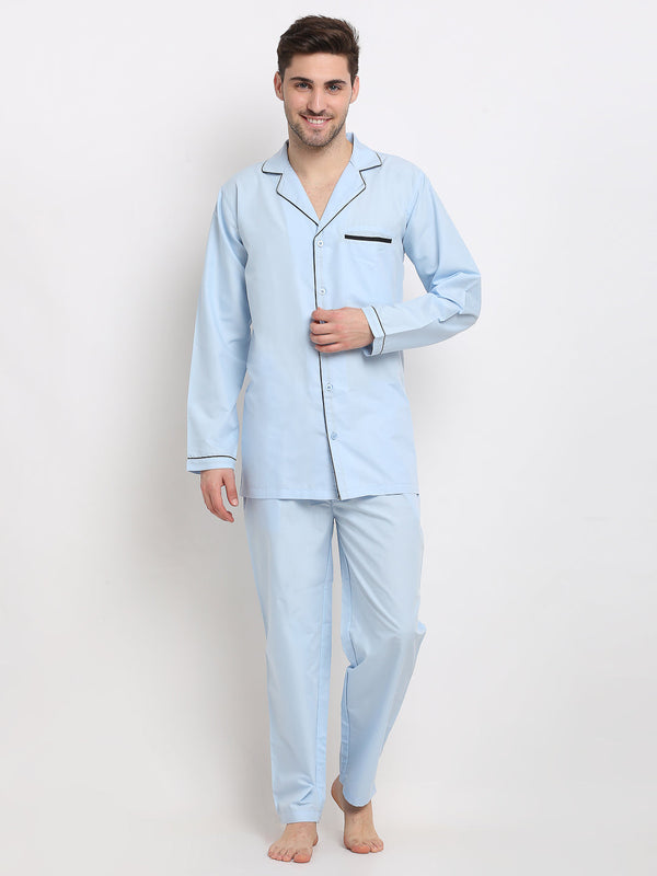 Indian Needle Men's Sky Cotton Solid Night Suits