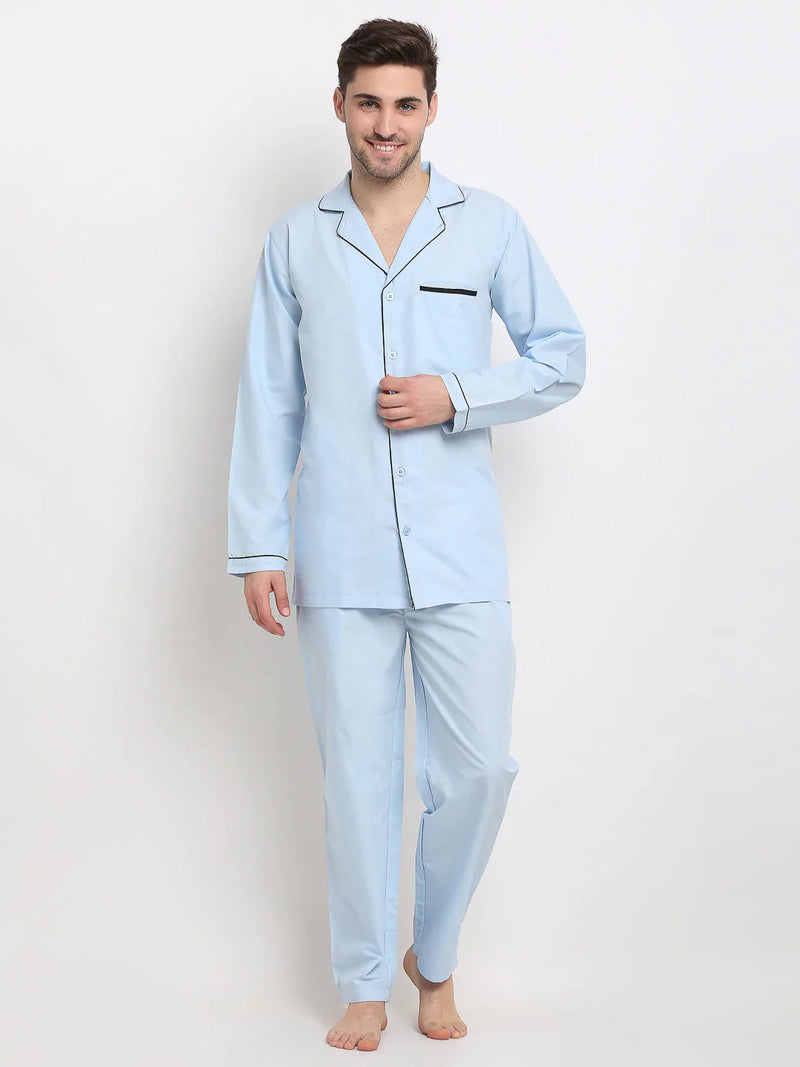 Jainish Men's Sky Cotton Solid Night Suits ( GNS 003Sky )