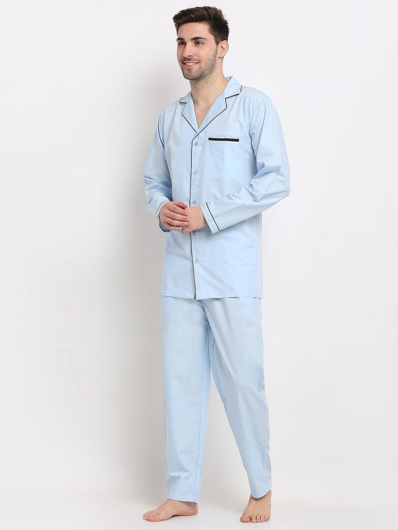 Indian Needle Men's Sky Cotton Solid Night Suits