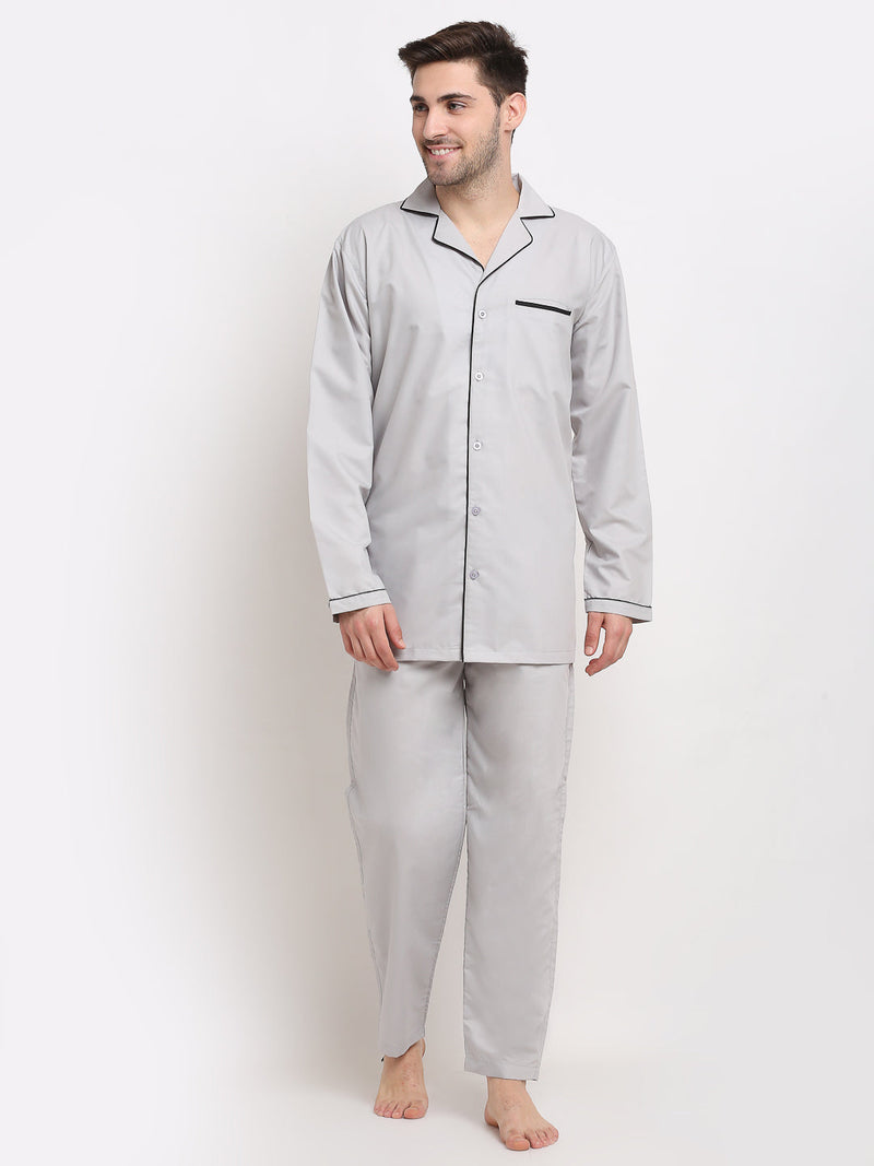 Indian Needle Men's Steel-Grey Cotton Solid Night Suits