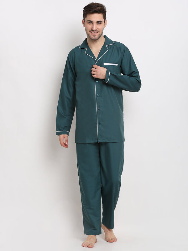 Indian Needle Men's Teal Cotton Solid Night Suits