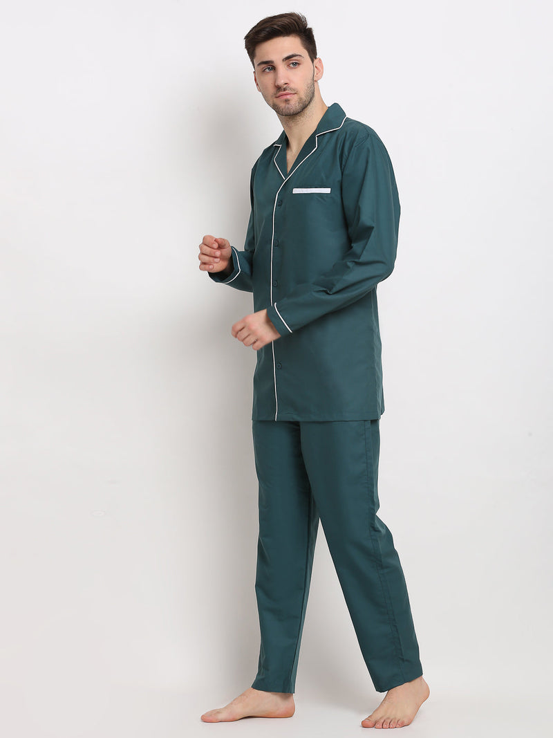 Indian Needle Men's Teal Cotton Solid Night Suits