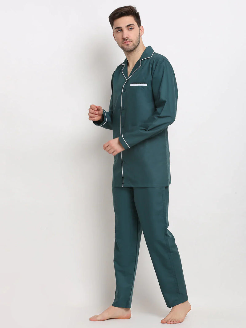 Jainish Men's Teal Cotton Solid Night Suits ( GNS 003Teal )