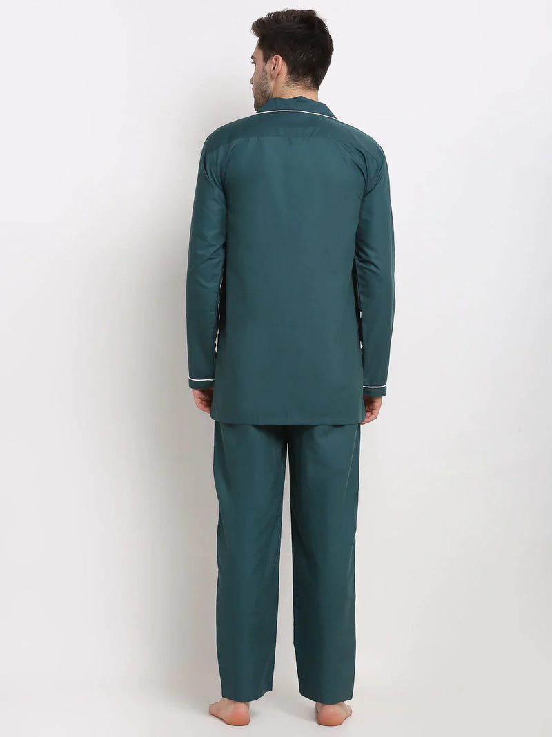 Jainish Men's Teal Cotton Solid Night Suits ( GNS 003Teal )