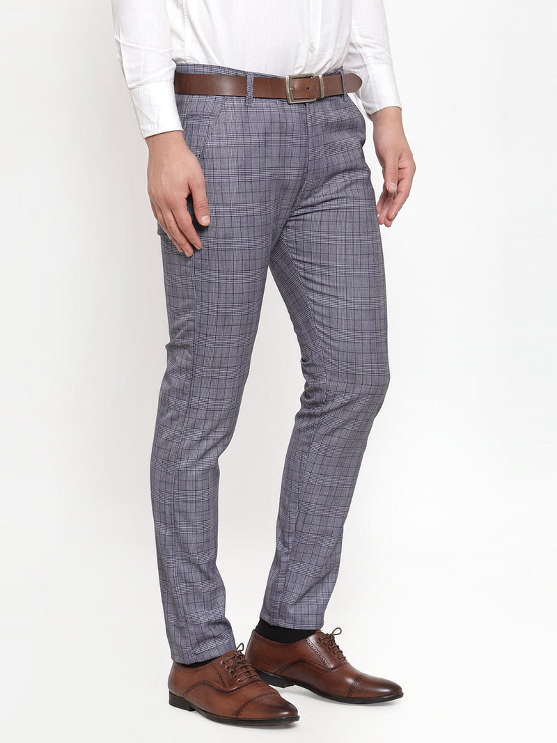 Indian Needle Men's Blue Checked Formal Trousers