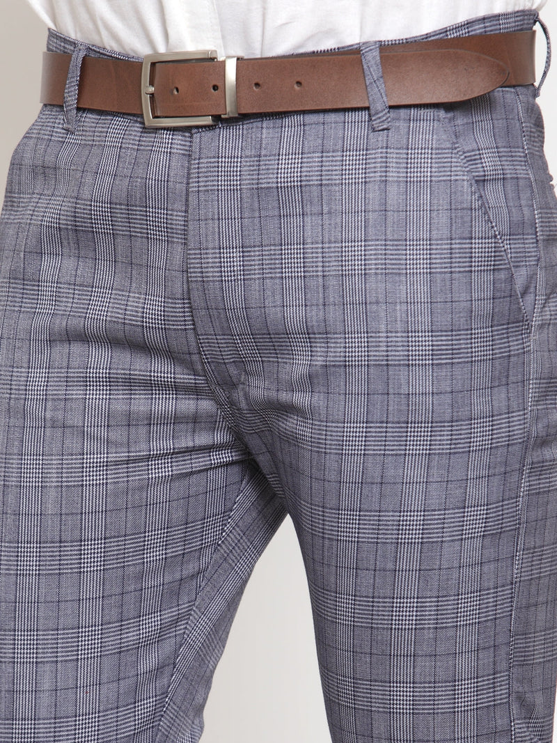 Indian Needle Men's Blue Checked Formal Trousers