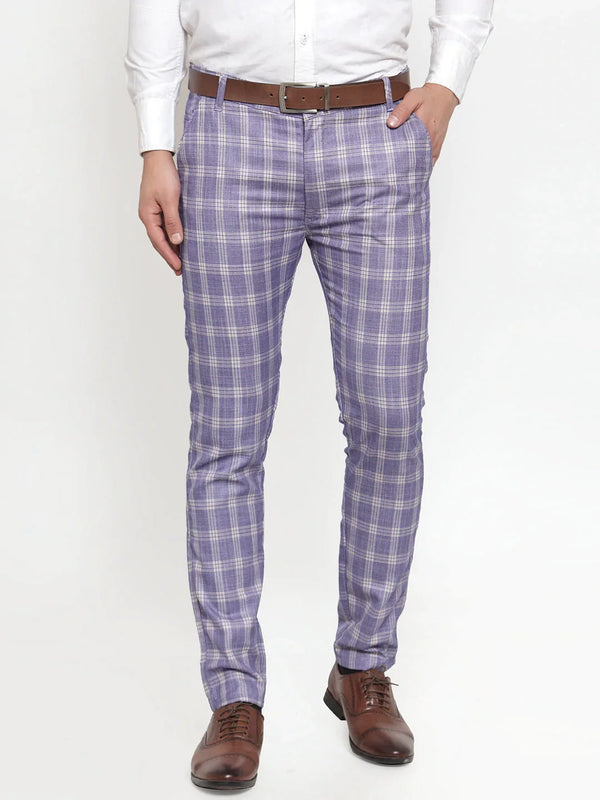 Jainish Men's Blue Checked Formal Trousers ( GP 254Light-Blue )