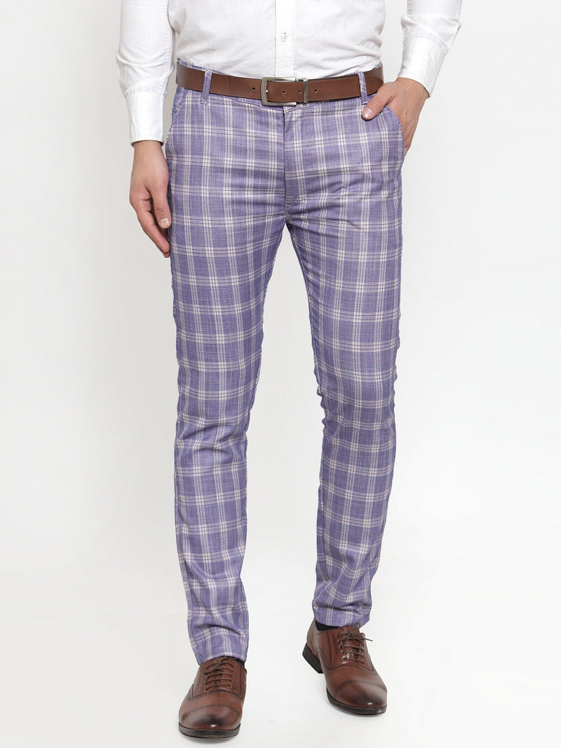 Indian Needle Men's Blue Checked Formal Trousers