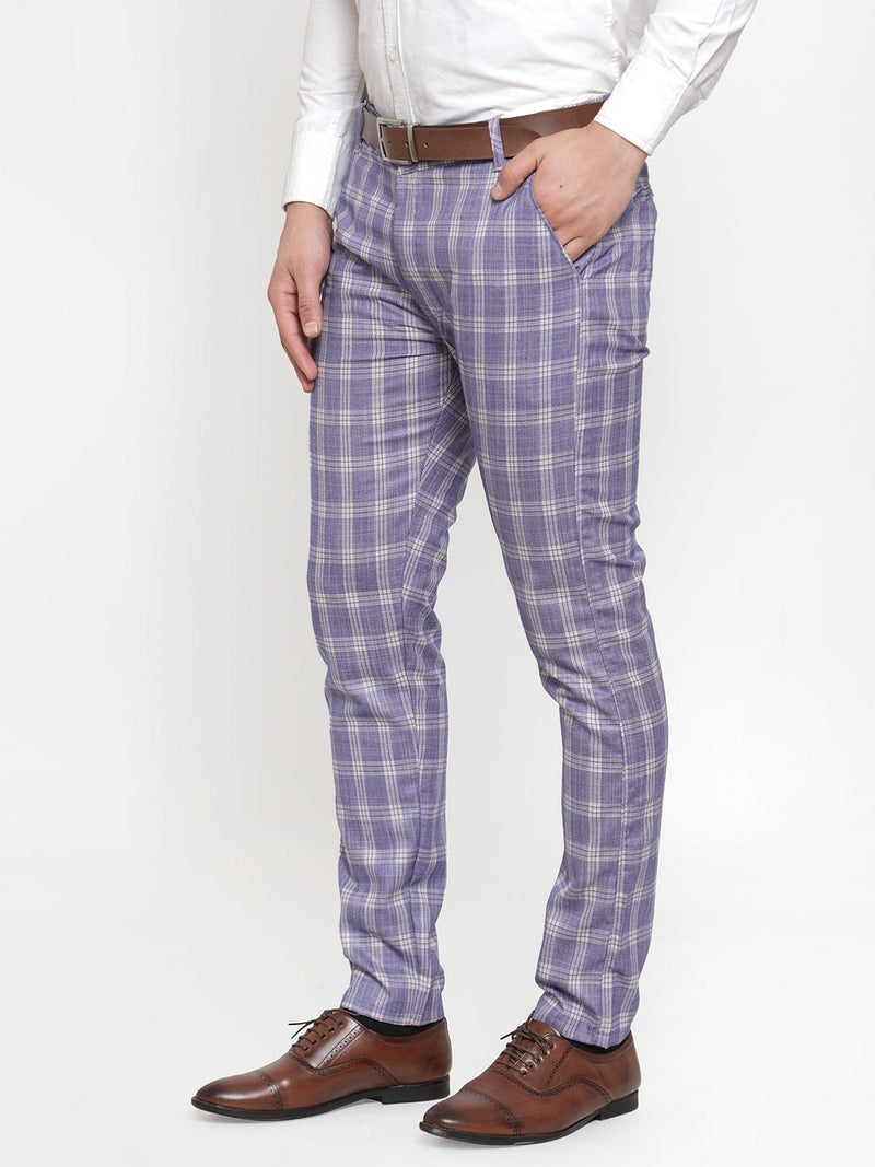 Indian Needle Men's Blue Checked Formal Trousers