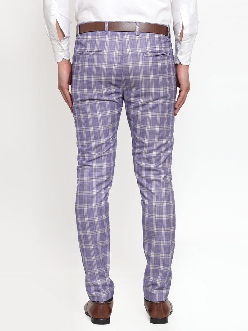 Indian Needle Men's Blue Checked Formal Trousers