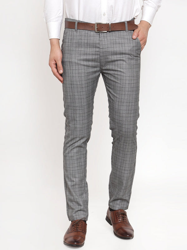 Indian Needle Men's Grey Checked Formal Trousers