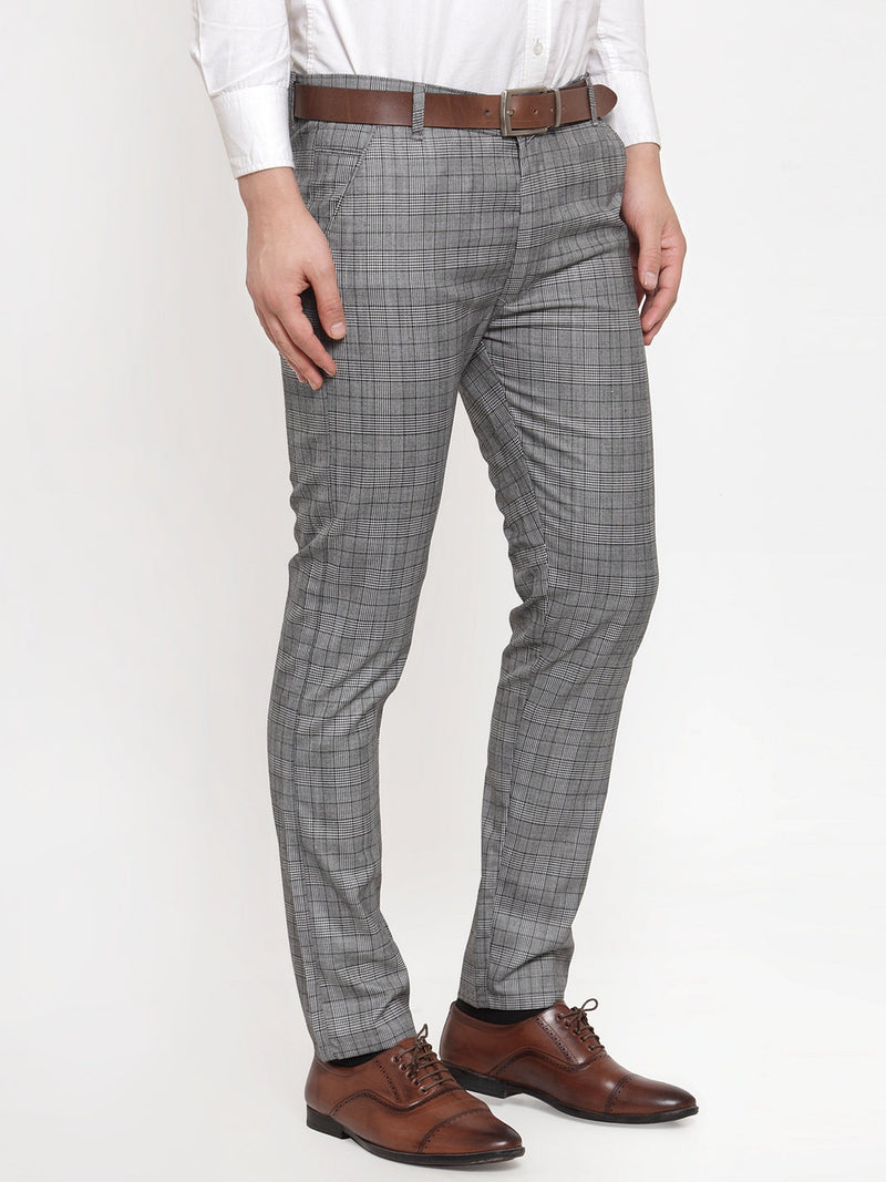 Indian Needle Men's Grey Checked Formal Trousers