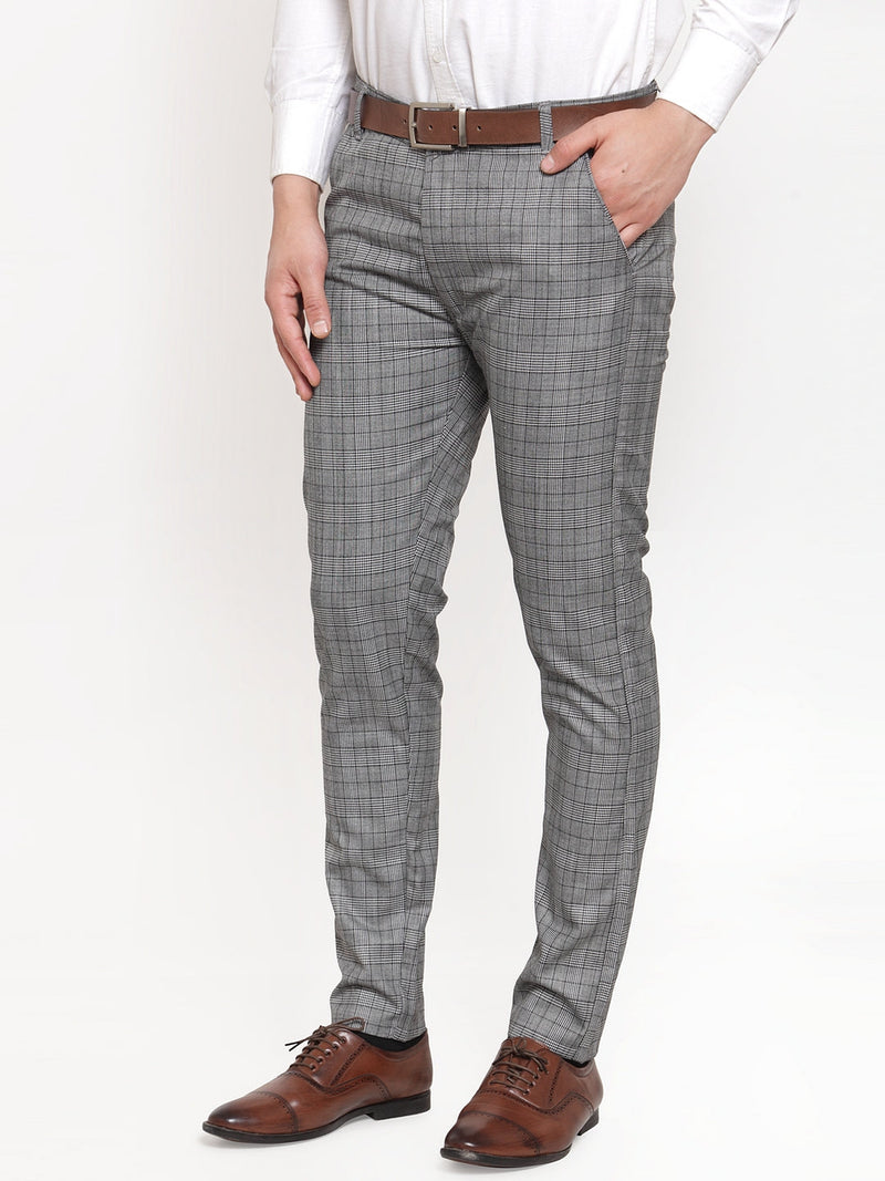 Indian Needle Men's Grey Checked Formal Trousers