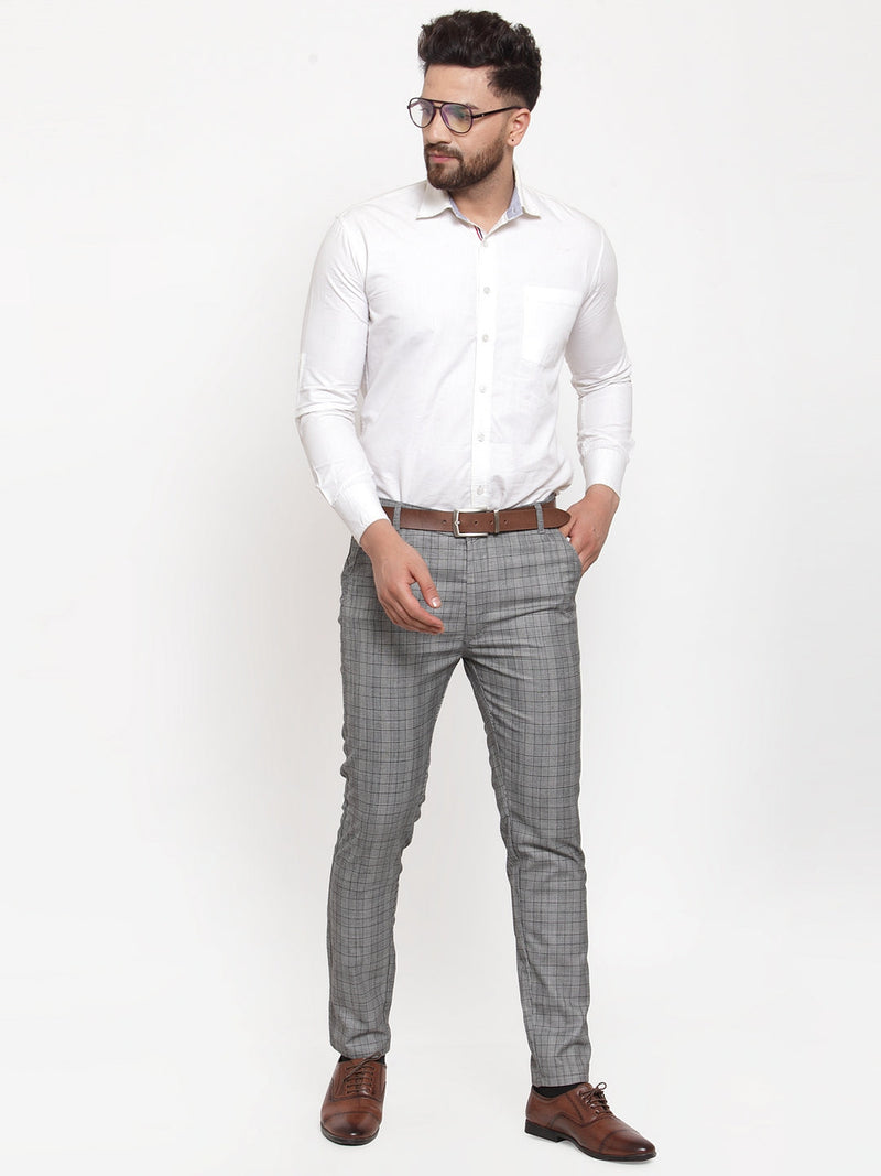 Indian Needle Men's Grey Checked Formal Trousers