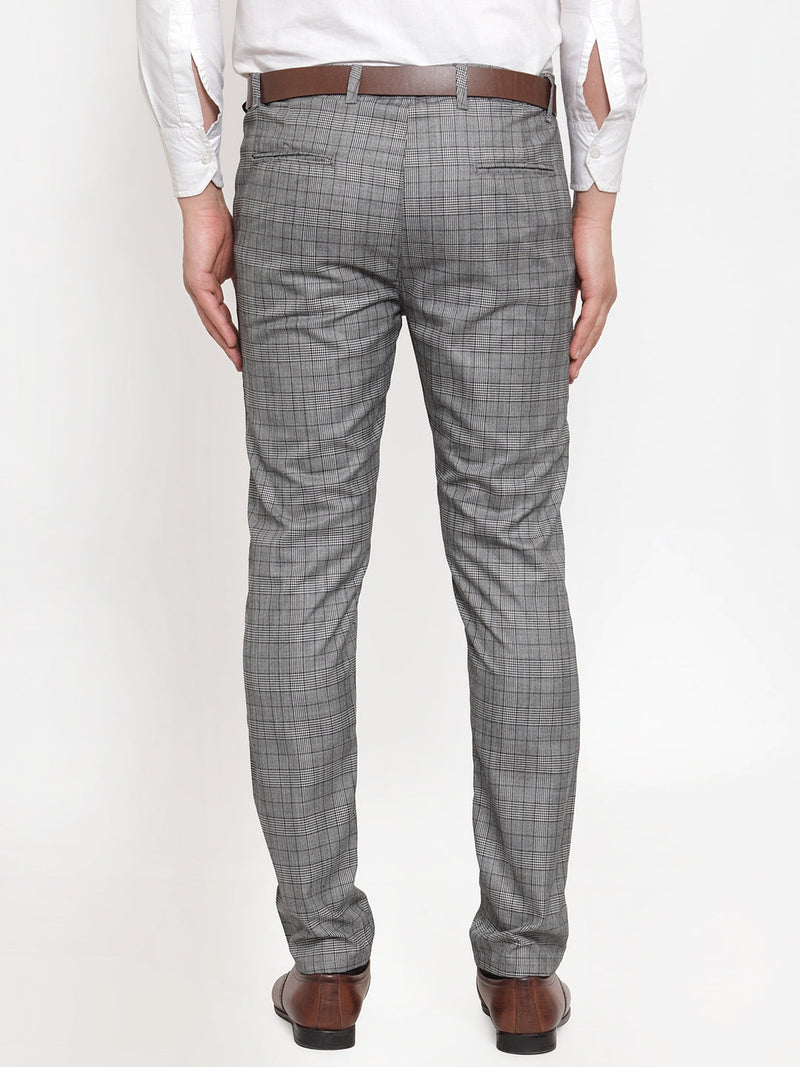 Indian Needle Men's Grey Checked Formal Trousers