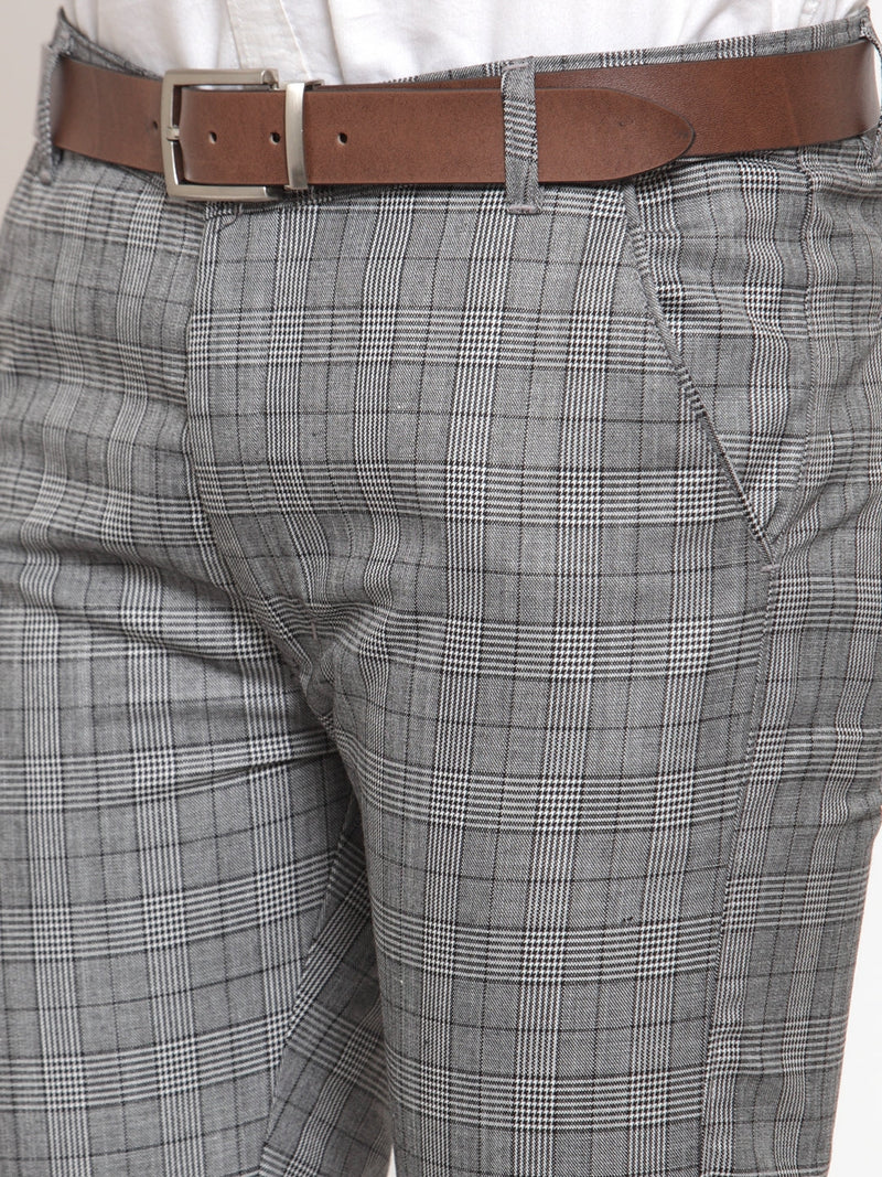 Indian Needle Men's Grey Checked Formal Trousers