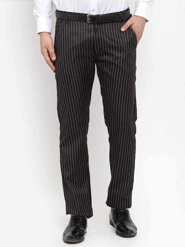 Indian Needle Men's Black Cotton Striped Formal Trousers