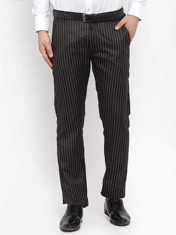 Jainish Men's Black Cotton Striped Formal Trousers ( FGP 255Black )