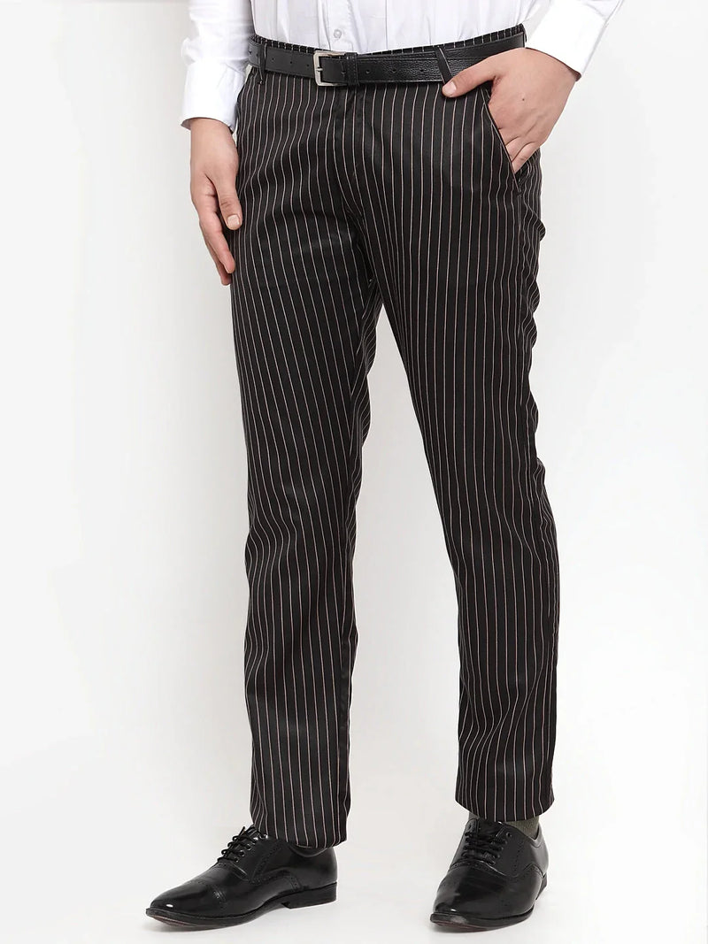 Jainish Men's Black Cotton Striped Formal Trousers ( FGP 255Black )