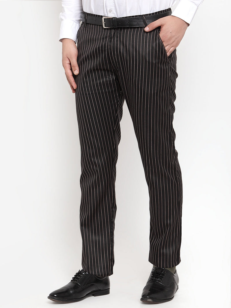 Indian Needle Men's Black Cotton Striped Formal Trousers