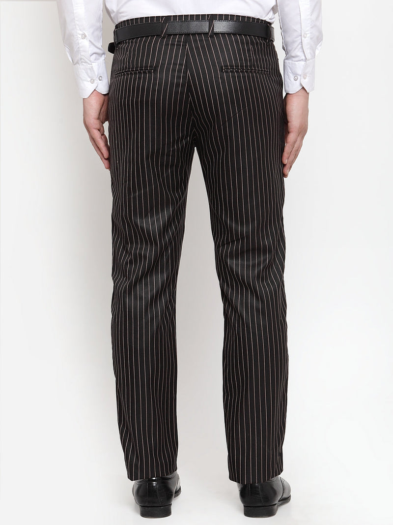 Indian Needle Men's Black Cotton Striped Formal Trousers