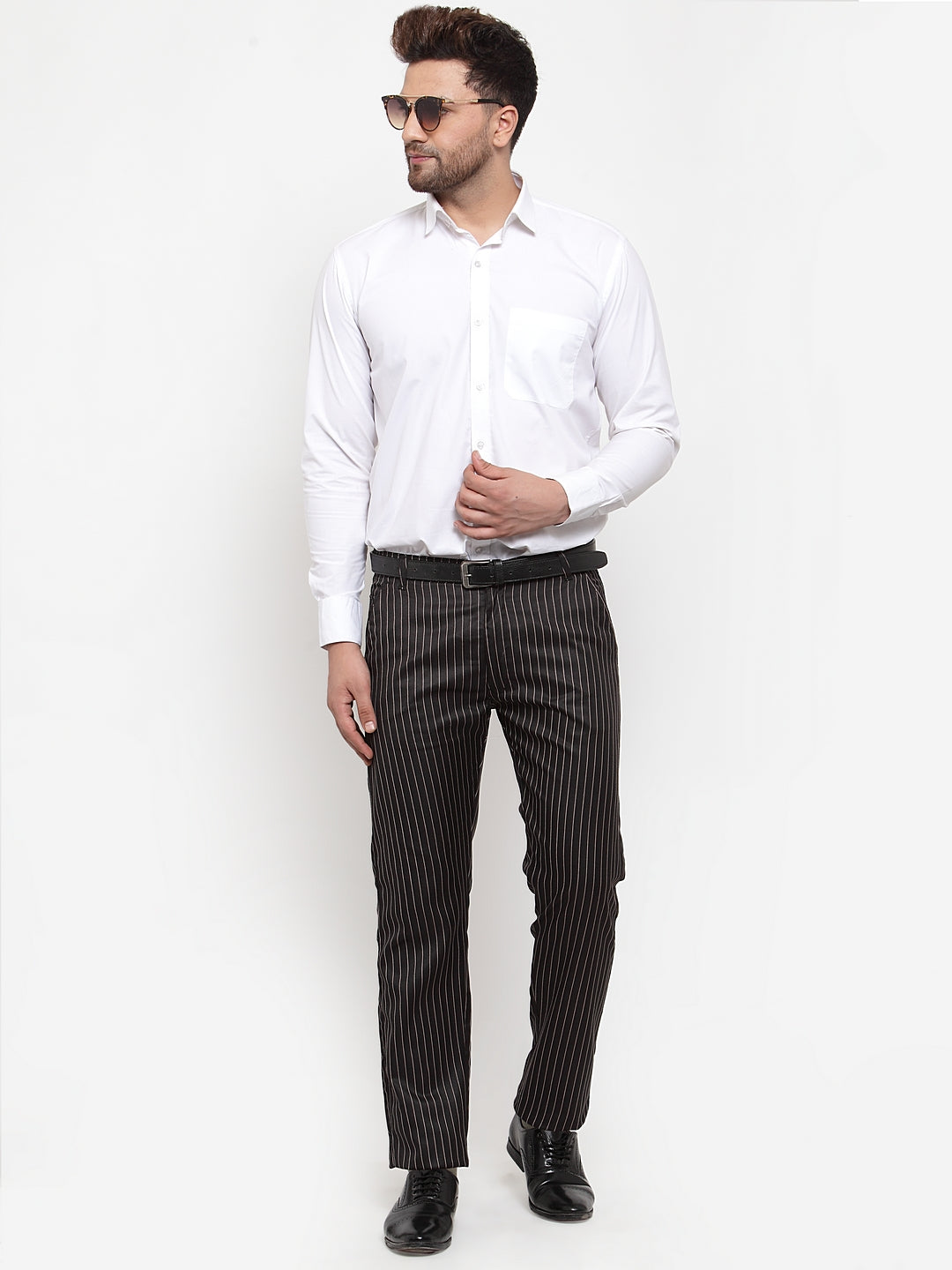 Indian Needle Men's Black Cotton Striped Formal Trousers