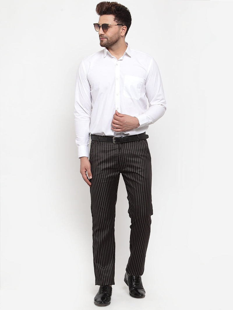 Indian Needle Men's Black Cotton Striped Formal Trousers