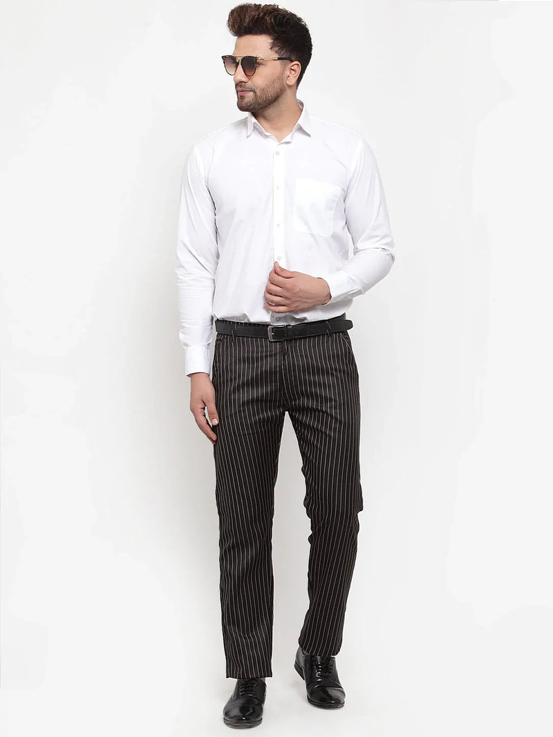 Jainish Men's Black Cotton Striped Formal Trousers ( FGP 255Black )