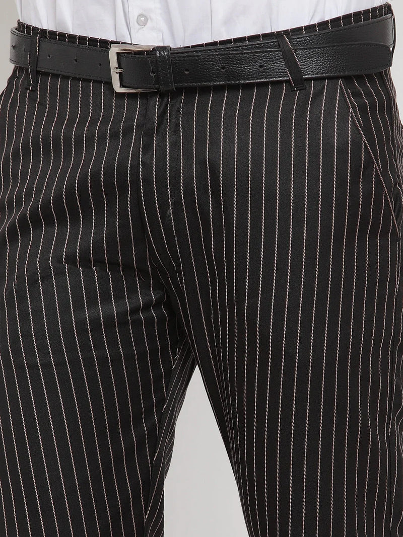 Jainish Men's Black Cotton Striped Formal Trousers ( FGP 255Black )